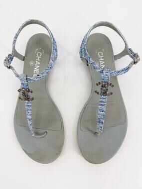 Chanel Sandals CC Logo Pale Blue Tweed Gripoix Stone Flat T-Strap Thong 40